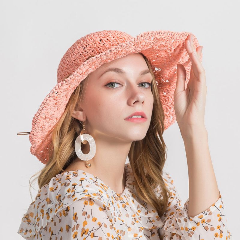 Sombrero De Paja De Sombra De Viaje Con Gorra De Borde Grande De Color Sólido Para Mujer