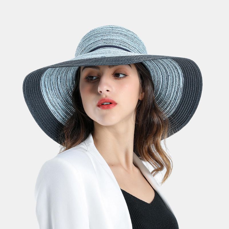 Sombrero De Paja Tejido Con Sombrilla Elegante De Dos Tonos Para Mujer