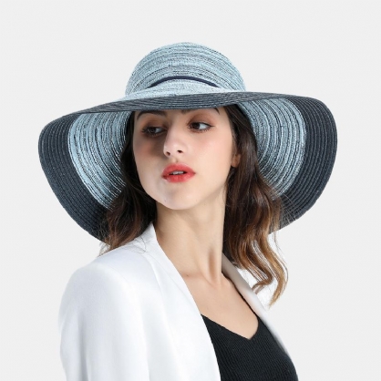 Sombrero De Paja Tejido Con Sombrilla Elegante De Dos Tonos Para Mujer