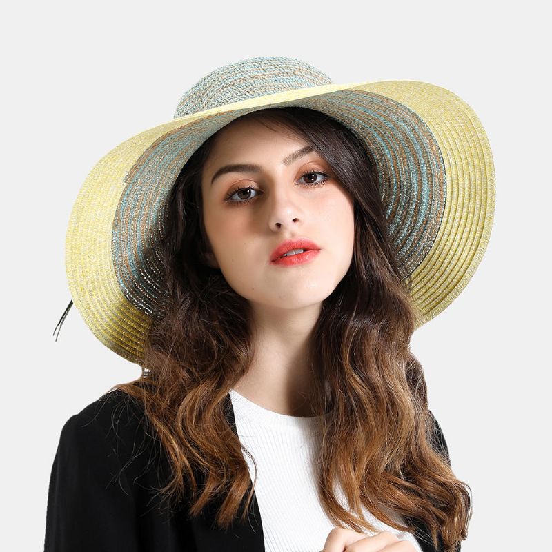 Sombrero De Paja Tejido Con Sombrilla Elegante De Dos Tonos Para Mujer