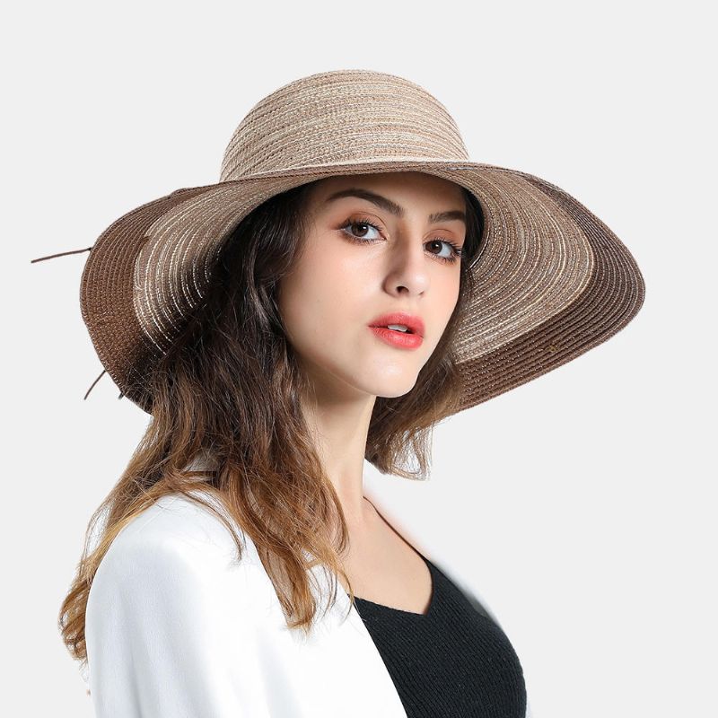 Sombrero De Paja Tejido Con Sombrilla Elegante De Dos Tonos Para Mujer