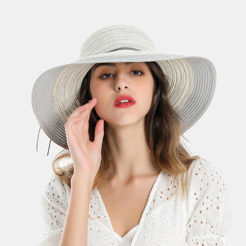 Sombrero De Paja Tejido Con Sombrilla Elegante De Dos Tonos Para Mujer