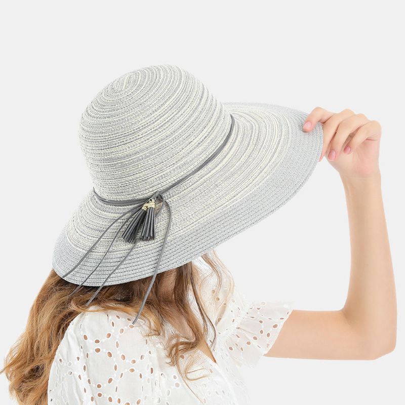 Sombrero De Paja Tejido Con Sombrilla Elegante De Dos Tonos Para Mujer