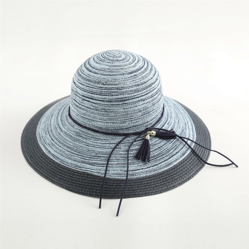 Sombrero De Paja Tejido Con Sombrilla Elegante De Dos Tonos Para Mujer