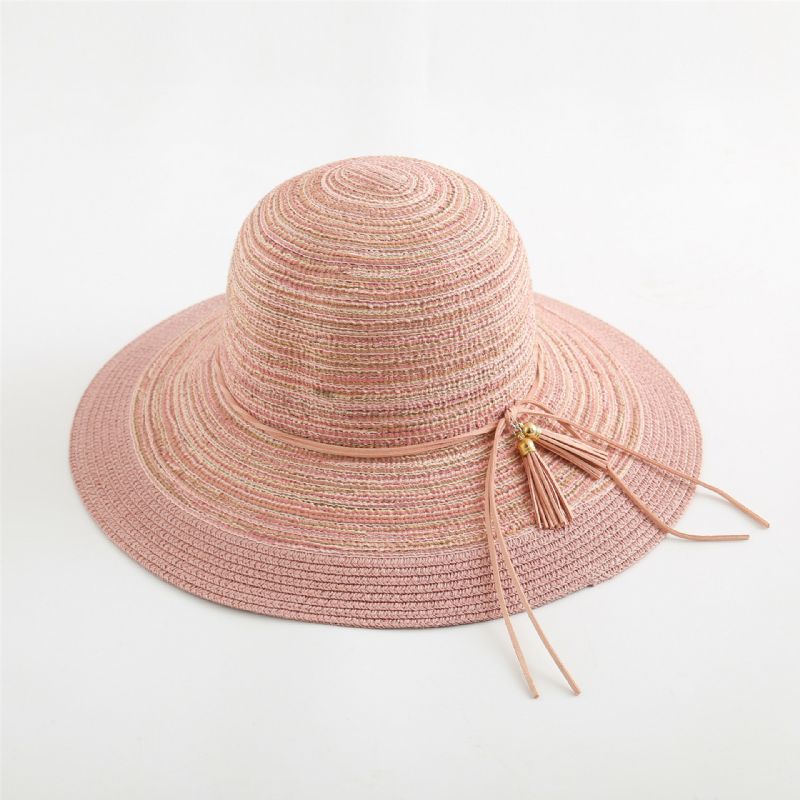 Sombrero De Paja Tejido Con Sombrilla Elegante De Dos Tonos Para Mujer