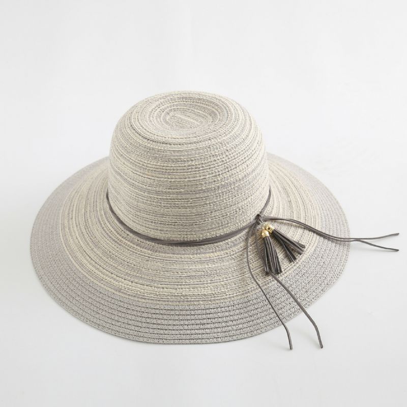 Sombrero De Paja Tejido Con Sombrilla Elegante De Dos Tonos Para Mujer