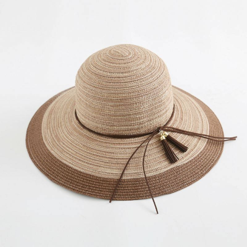 Sombrero De Paja Tejido Con Sombrilla Elegante De Dos Tonos Para Mujer