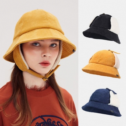 Sombrero De Pana Plus Para Mujer Circunferencia Protección Para Los Oídos Corbata Keep Warm Bucket Hat