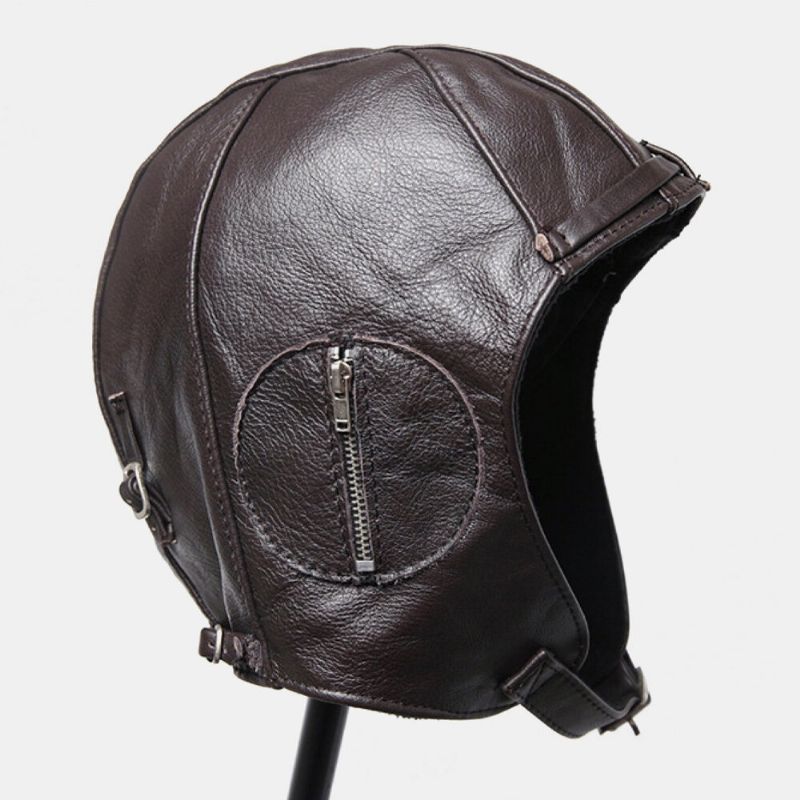 Sombrero De Piloto Punk Retro De Cuero Genuino Para Hombre Sombrero De Piloto De Protección Auditiva A Prueba De Viento