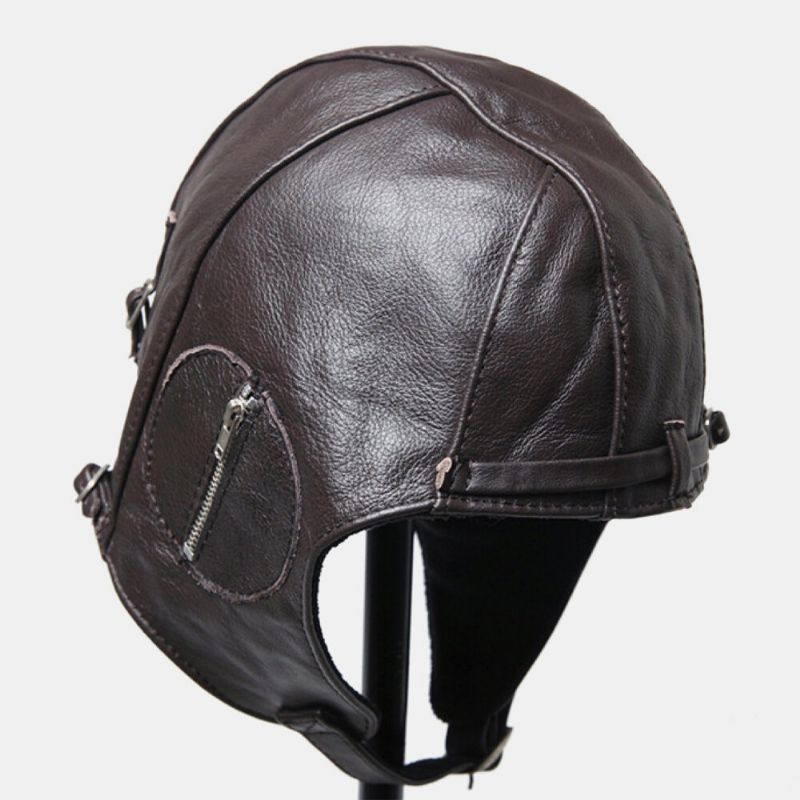 Sombrero De Piloto Punk Retro De Cuero Genuino Para Hombre Sombrero De Piloto De Protección Auditiva A Prueba De Viento