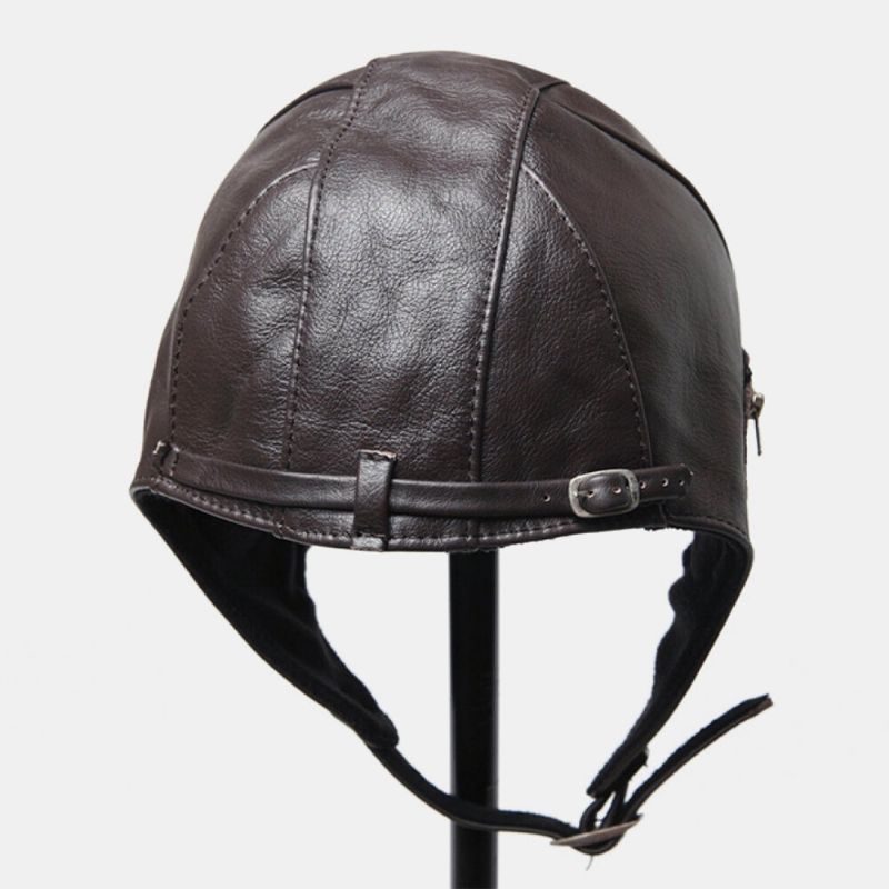 Sombrero De Piloto Punk Retro De Cuero Genuino Para Hombre Sombrero De Piloto De Protección Auditiva A Prueba De Viento