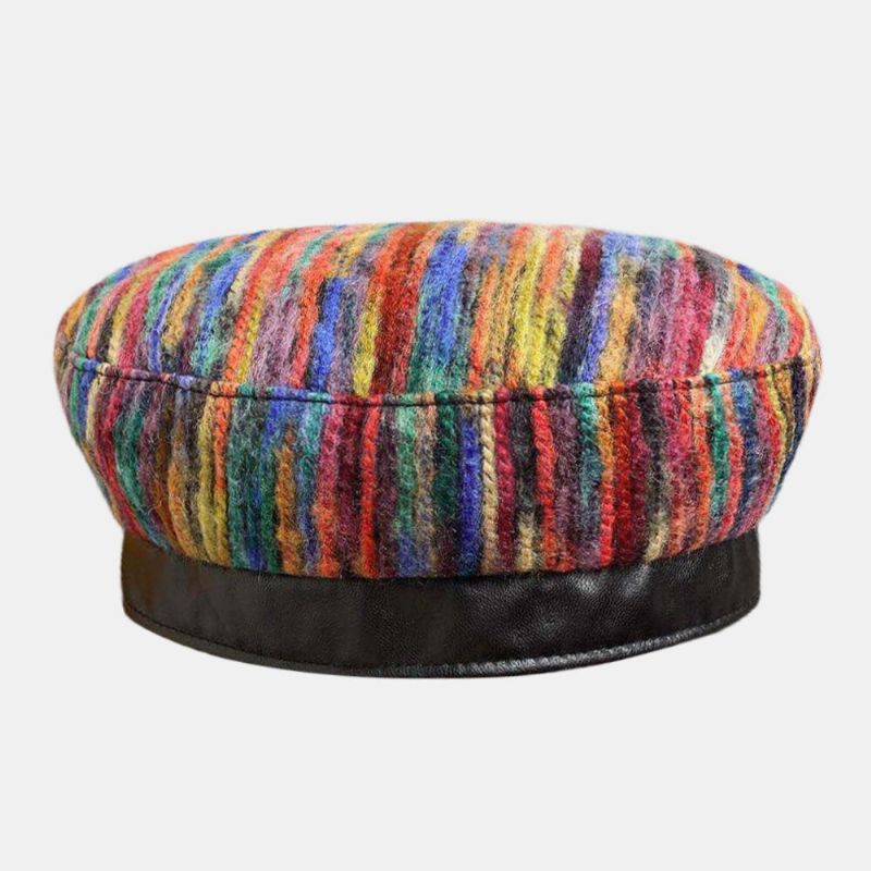 Sombrero Plano Unisex De Lana Estilo Exótico Moda Casual Patrón De Rayas De Color Arcoíris Mixto