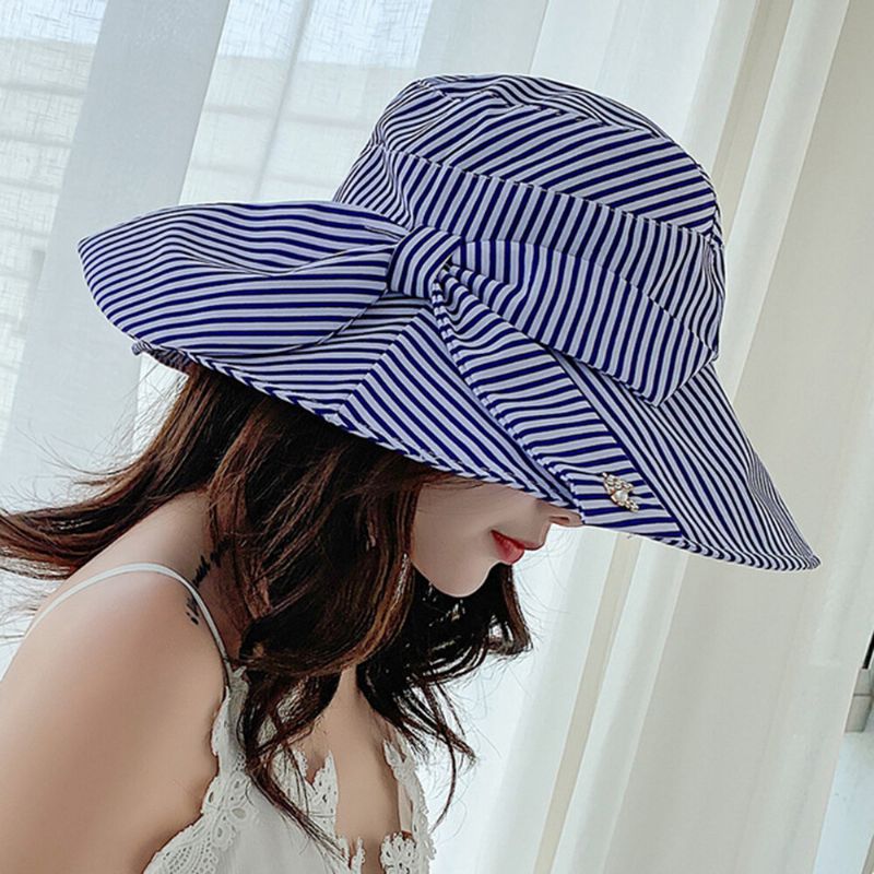 Sombrero De Sol De Playa A Rayas Sombrero De Ala Ancha De Algodón Para Mujer Elegante Gorra Anti-uv Plegable Multiusos Para Mujer