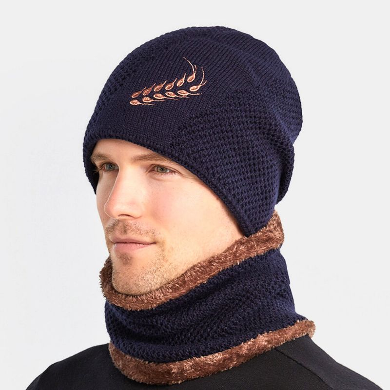 Unisex 2 Uds Más Terciopelo Grueso Cálido Bordado Patrón De Trigo Protección Para El Cuello Y Los Oídos Sombrero De Punto Bufanda