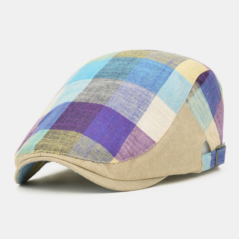 Unisex Algodón Color Costura Plaid Sombrilla Sombrero Gorra Delantera Ajustable Gorra Plana Gorra De Boina