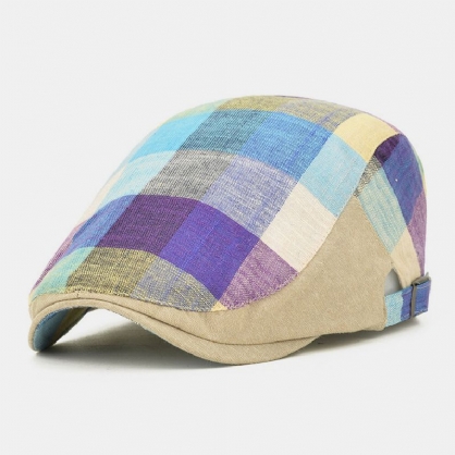 Unisex Algodón Color Costura Plaid Sombrilla Sombrero Gorra Delantera Ajustable Gorra Plana Gorra De Boina