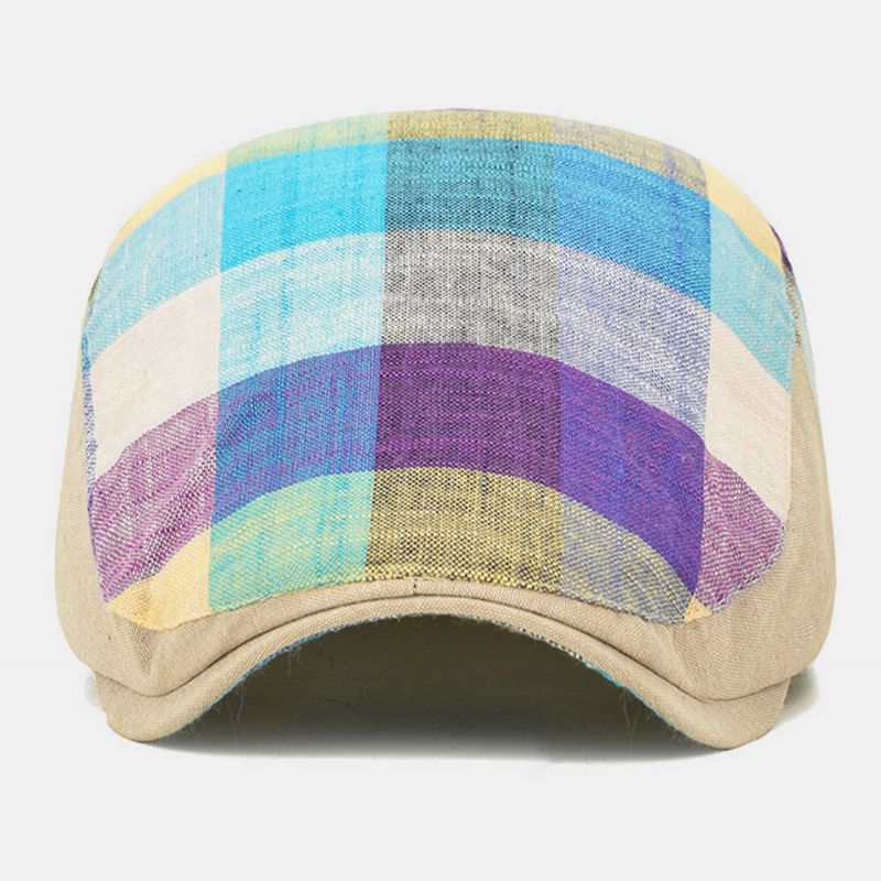 Unisex Algodón Color Costura Plaid Sombrilla Sombrero Gorra Delantera Ajustable Gorra Plana Gorra De Boina