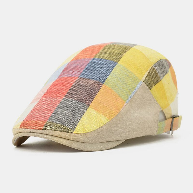 Unisex Algodón Color Costura Plaid Sombrilla Sombrero Gorra Delantera Ajustable Gorra Plana Gorra De Boina