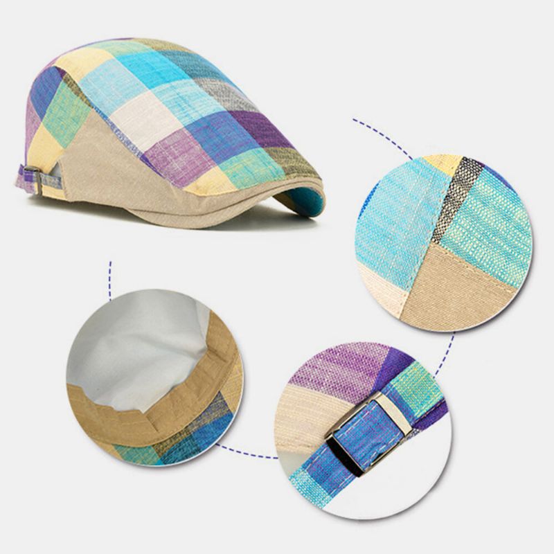 Unisex Algodón Color Costura Plaid Sombrilla Sombrero Gorra Delantera Ajustable Gorra Plana Gorra De Boina