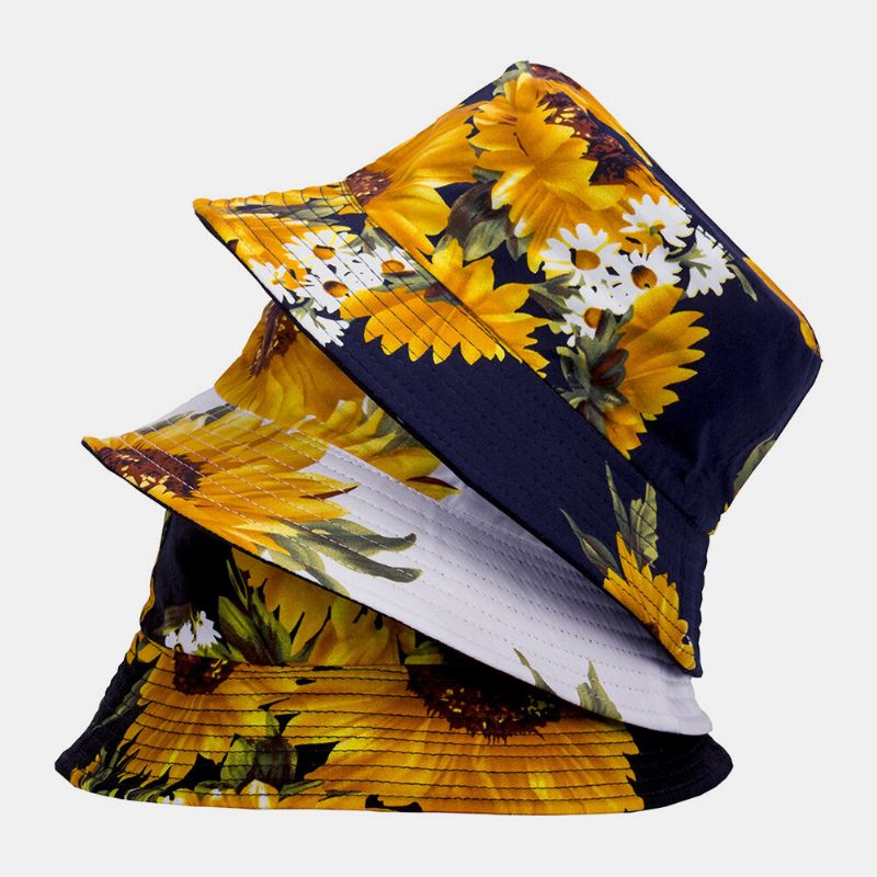 Unisex Algodón De Doble Cara Patrón De Girasoles Moda Joven Protector Solar Transpirable Sombrilla Sombrero De Cubo