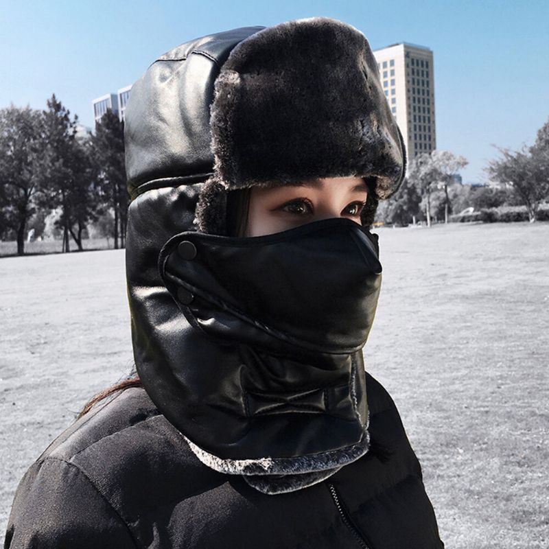 Unisex De Cuero Sintético Cálido A Prueba De Viento Oreja Cara Protección Ocular Al Aire Libre Sombrero De Cazador