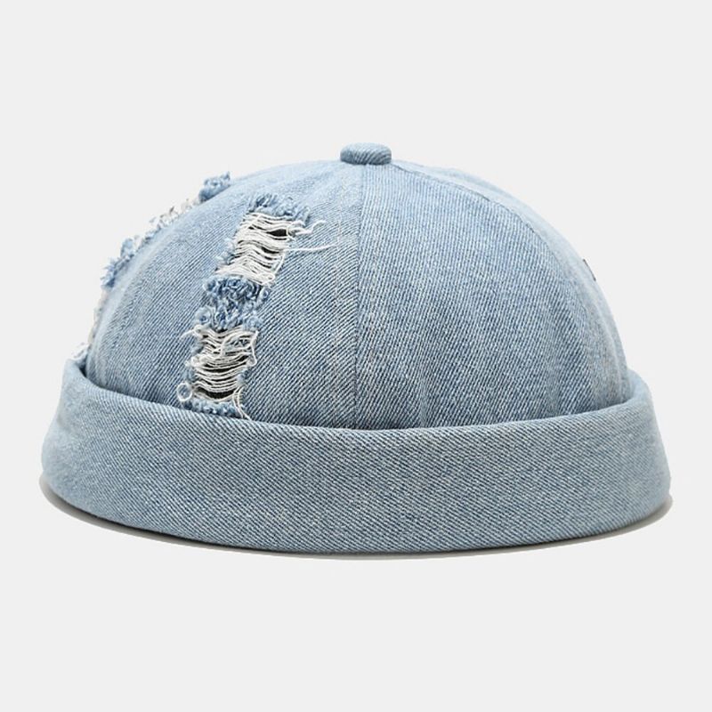 Unisex Denim Agujeros Rotos Hecho A La Antigua Moda Al Aire Libre Gorro Sin Borde Gorra De Propietario Gorra De Calavera