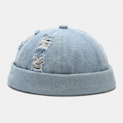 Unisex Denim Agujeros Rotos Hecho A La Antigua Moda Al Aire Libre Gorro Sin Borde Gorra De Propietario Gorra De Calavera