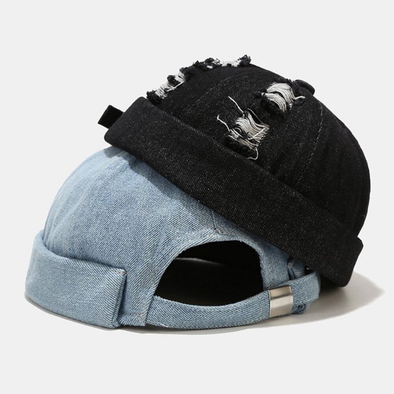 Unisex Denim Agujeros Rotos Hecho A La Antigua Moda Al Aire Libre Gorro Sin Borde Gorra De Propietario Gorra De Calavera