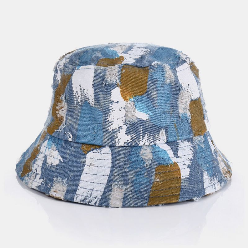 Unisex Denim Hole Graffiti Design Outdoor Travel Sunshade Bucket Hat