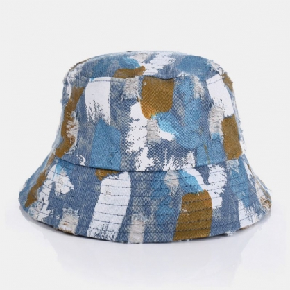 Unisex Denim Hole Graffiti Design Outdoor Travel Sunshade Bucket Hat