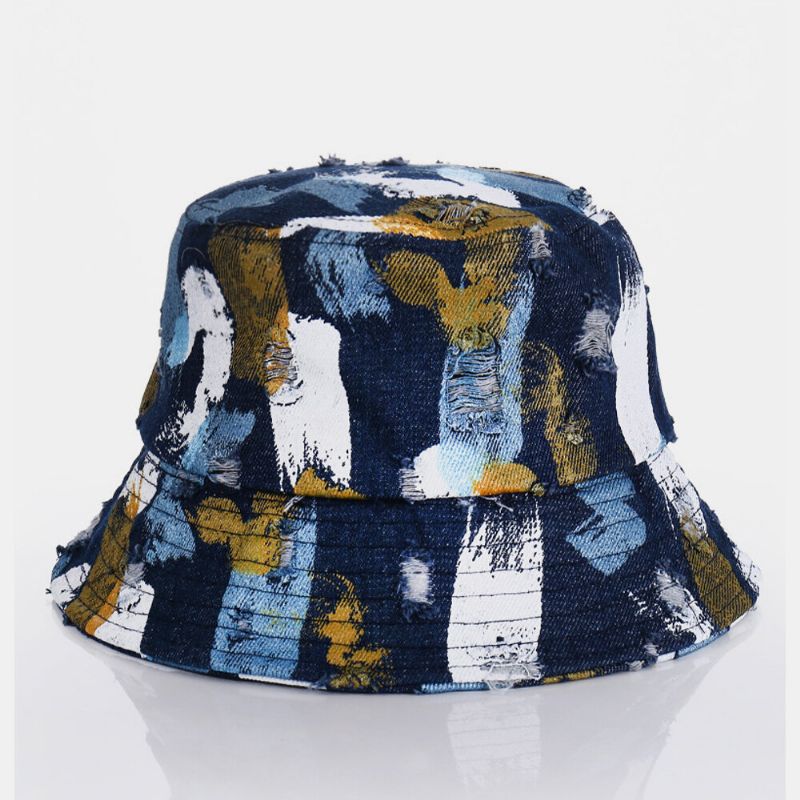 Unisex Denim Hole Graffiti Design Outdoor Travel Sunshade Bucket Hat