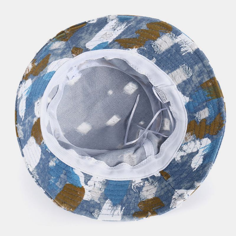 Unisex Denim Hole Graffiti Design Outdoor Travel Sunshade Bucket Hat