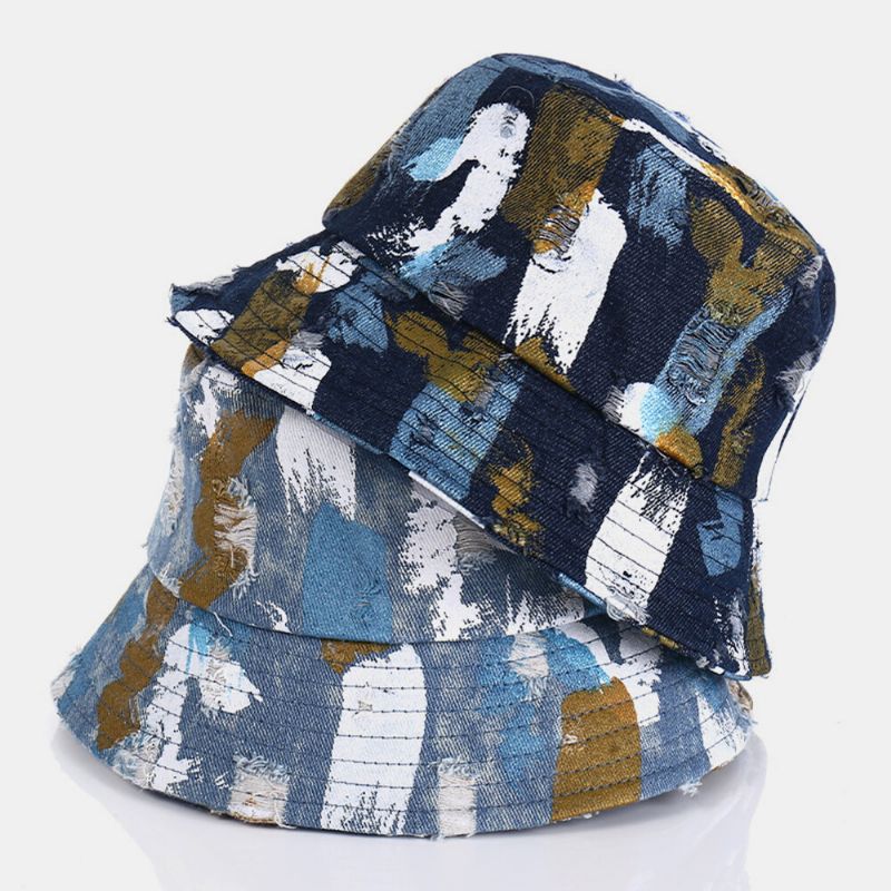 Unisex Denim Hole Graffiti Design Outdoor Travel Sunshade Bucket Hat