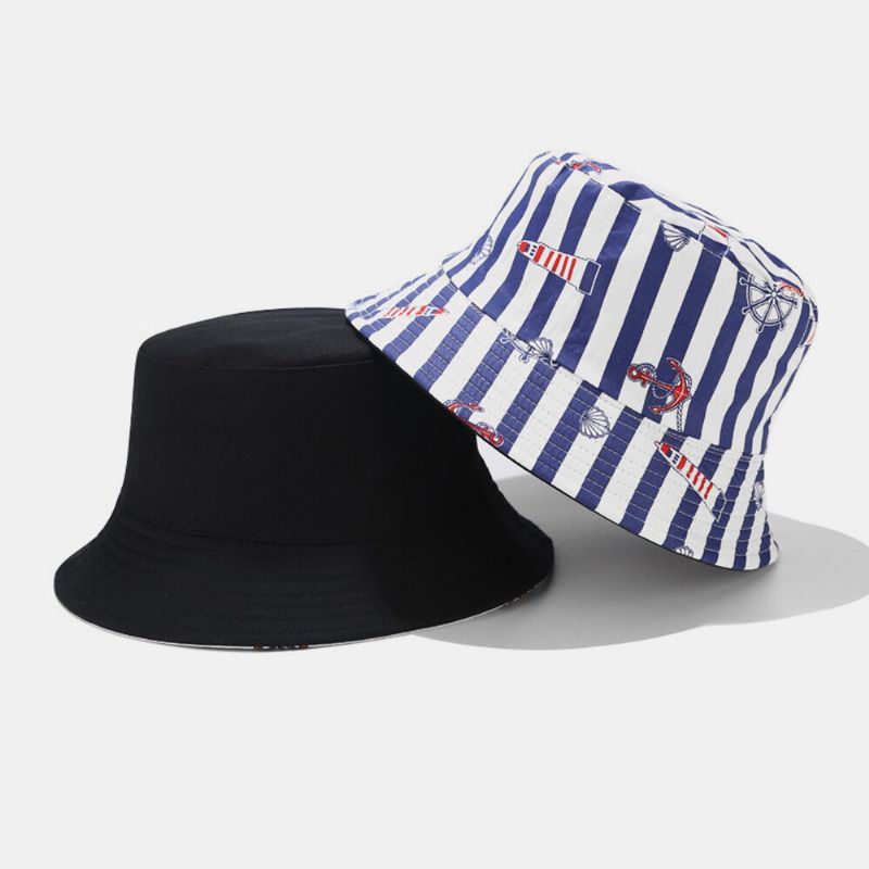 Unisex De Doble Cara Algodón Ancla Patrón De Rayas Estilo Azul Marino Sombrilla Pareja Sombrero Sombrero De Cubo