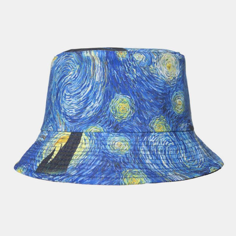 Unisex Doble Cara Cielo Estrellado Patrón De Pintura Oli Visera Informal Personalidad Algodón Pareja Sombrero Sombrero De Cubo