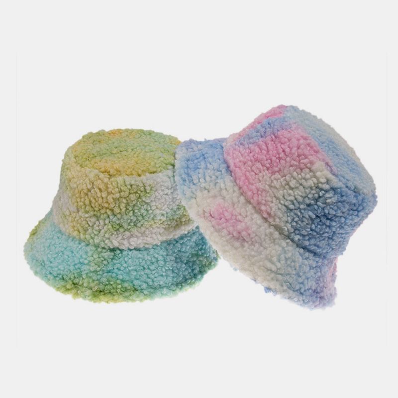 Unisex Fieltro Pelo De Cordero Tie-dye Plus Thicken Warm Windproof Soft Bucket Hat