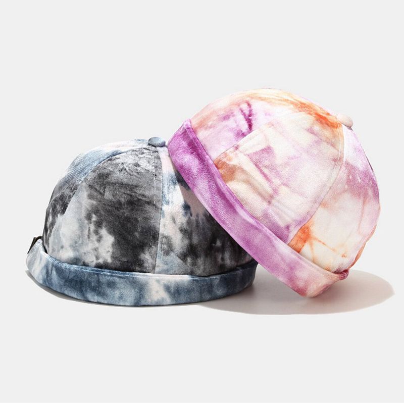 Unisex Golden Velvet Tie-dye Contraste De Color Moda Sin Ala Beanie Landlord Cap Skull Cap