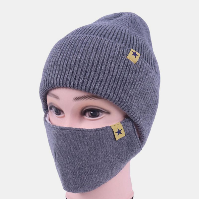 Unisex Lana 2pcs Invierno Al Aire Libre Cuello Cálido Protección Facial Sombrero De Punto Beanie Máscara