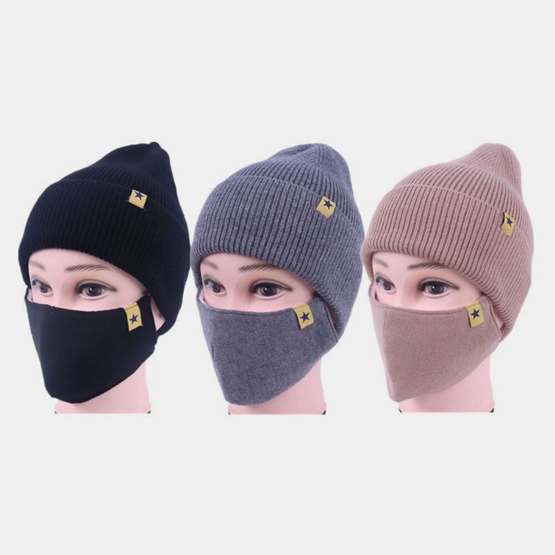 Unisex Lana 2pcs Invierno Al Aire Libre Cuello Cálido Protección Facial Sombrero De Punto Beanie Máscara