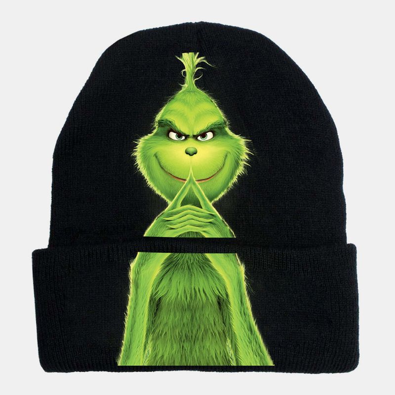 Unisex Lana Cálida A Prueba De Viento Visera Navidad Verde Pelo Monstruo Estampado Gorro De Punto