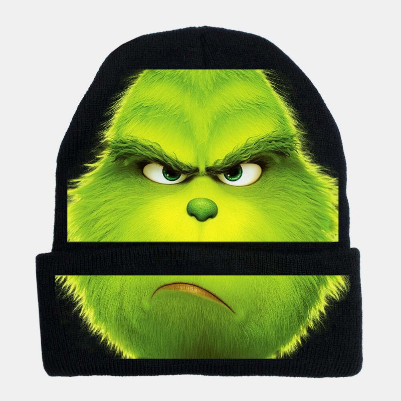 Unisex Lana Cálida A Prueba De Viento Visera Navidad Verde Pelo Monstruo Estampado Gorro De Punto