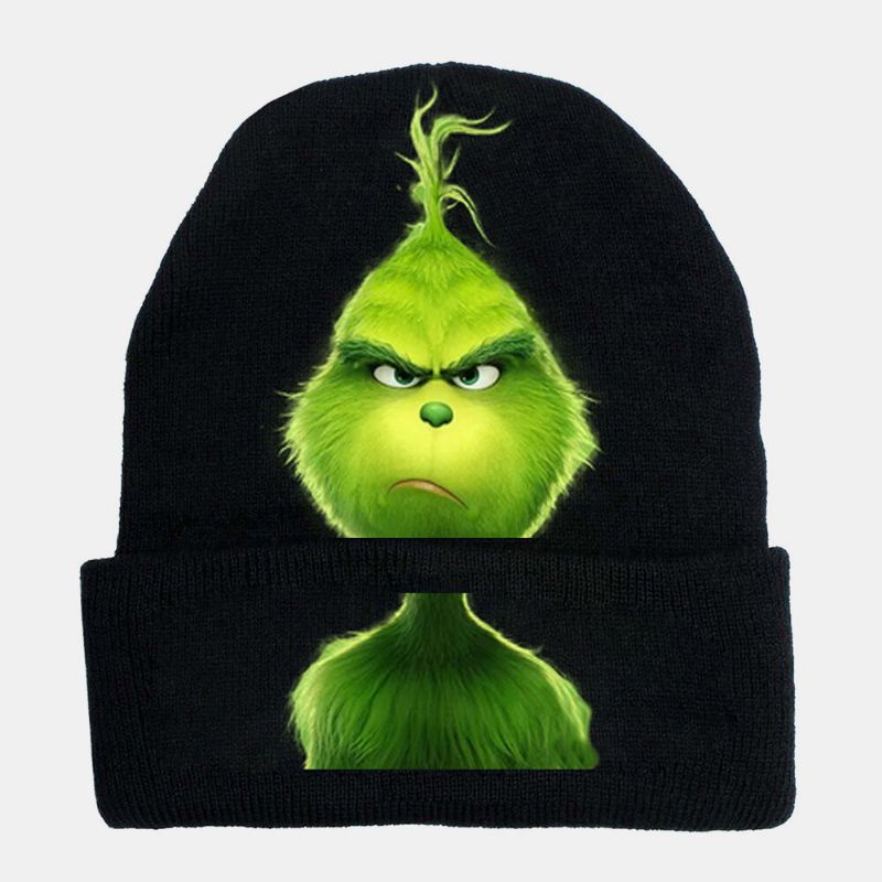 Unisex Lana Cálida A Prueba De Viento Visera Navidad Verde Pelo Monstruo Estampado Gorro De Punto