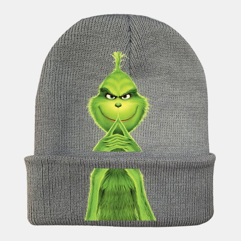 Unisex Lana Cálida A Prueba De Viento Visera Navidad Verde Pelo Monstruo Estampado Gorro Tejido