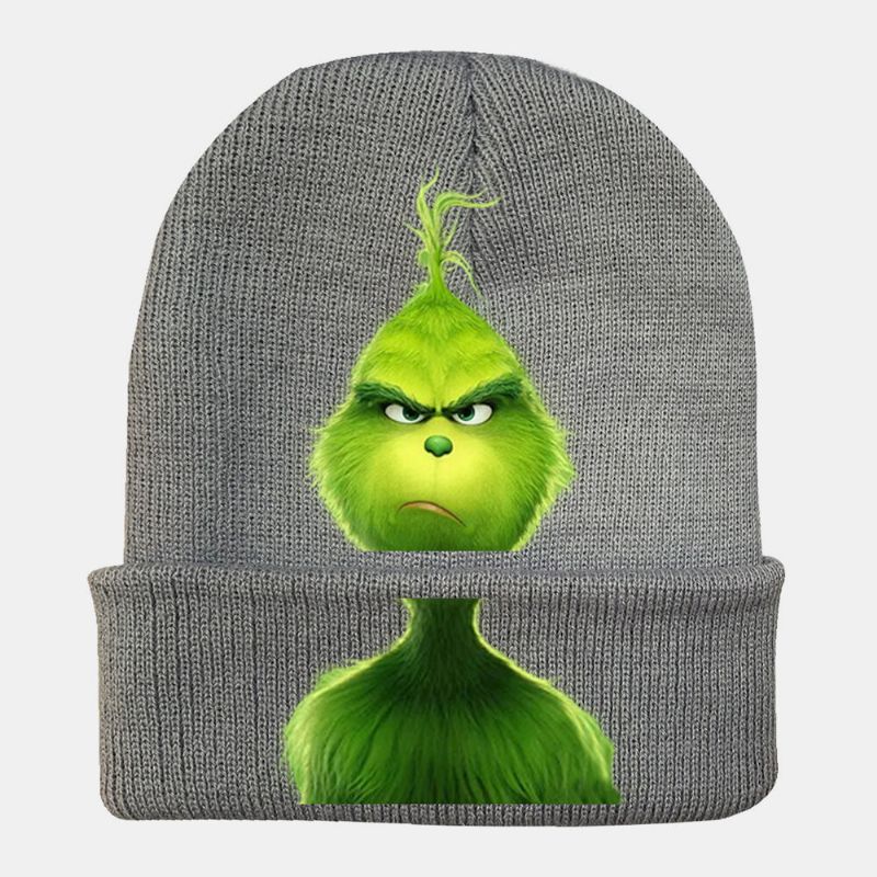 Unisex Lana Cálida A Prueba De Viento Visera Navidad Verde Pelo Monstruo Estampado Gorro Tejido