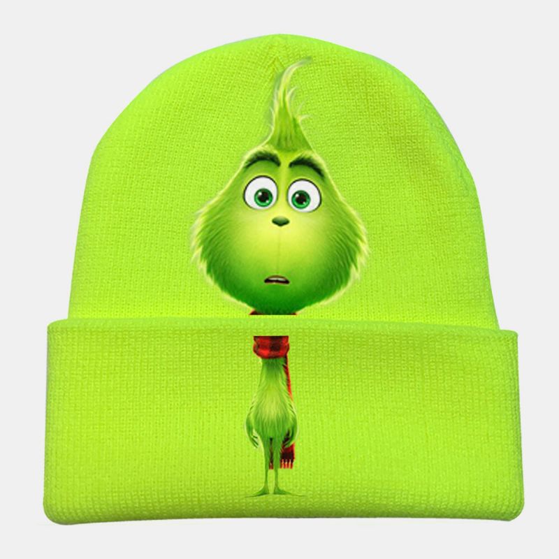 Unisex Lana Cálido A Prueba De Viento Visera Navidad Verde Monstruo De Pelo Estampado Gorro De Punto