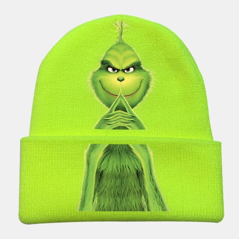 Unisex Lana Cálido A Prueba De Viento Visera Navidad Verde Monstruo De Pelo Estampado Gorro De Punto