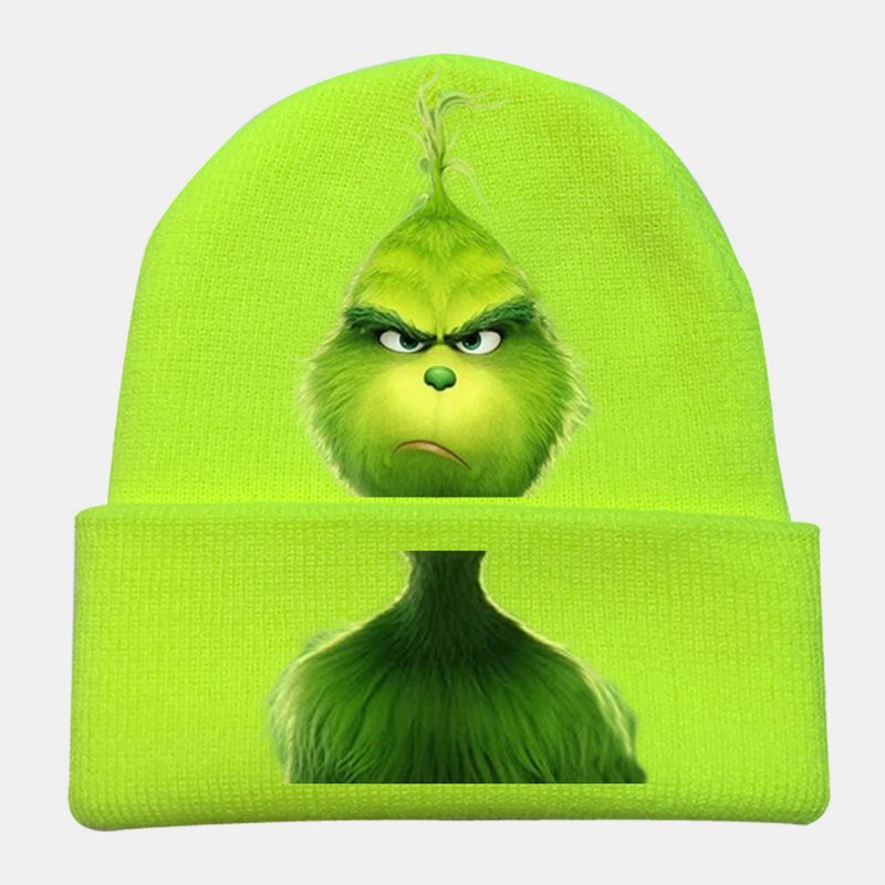 Unisex Lana Cálido A Prueba De Viento Visera Navidad Verde Monstruo De Pelo Estampado Gorro De Punto