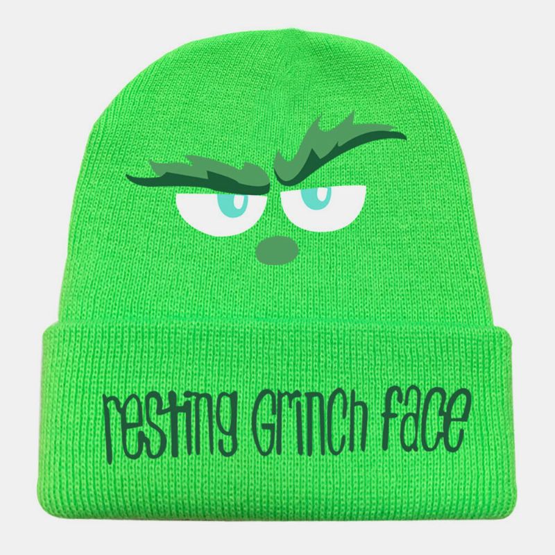 Unisex Lana Cálido A Prueba De Viento Visera Navidad Verde Pelo Monstruo Estampado Gorro De Punto