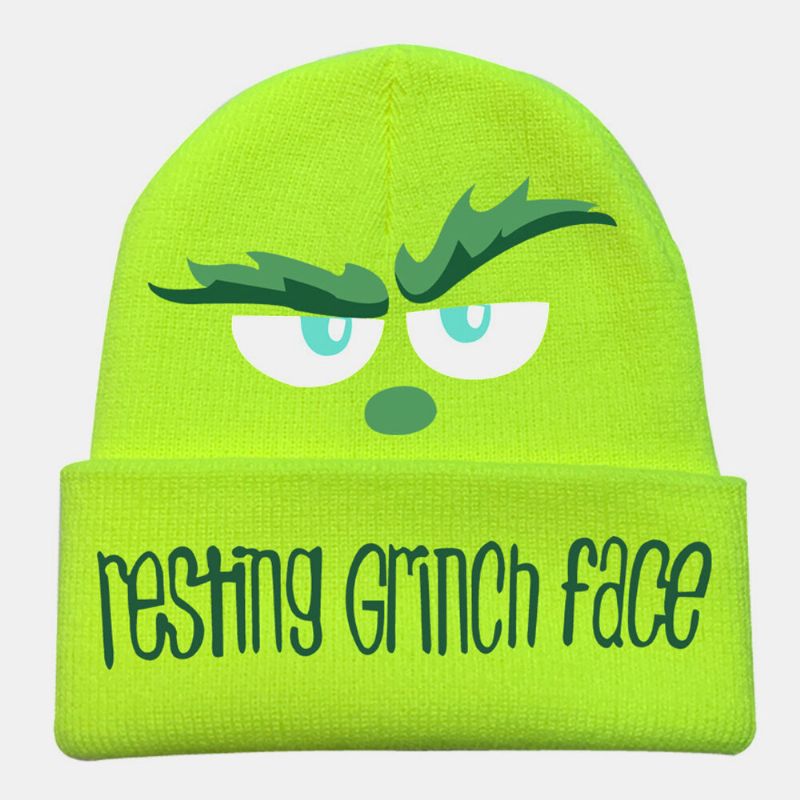 Unisex Lana Cálido A Prueba De Viento Visera Navidad Verde Pelo Monstruo Estampado Gorro De Punto