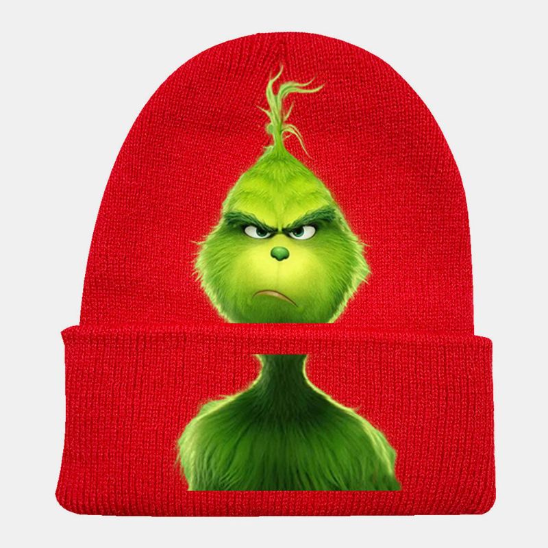 Unisex Lana Cálido A Prueba De Viento Visera Navidad Verde Pelo Monstruo Estampado Gorro De Punto